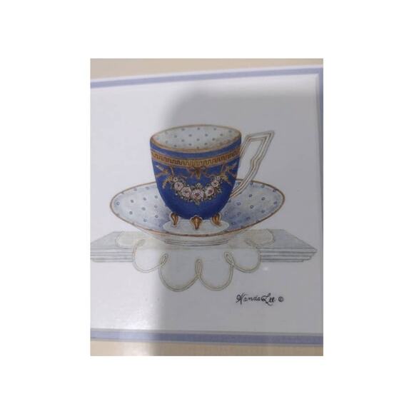 Vtg Wanda Lee Framed Print of a Victorian Blue Teacup and Saucer on a Doily - Picture 2 of 4